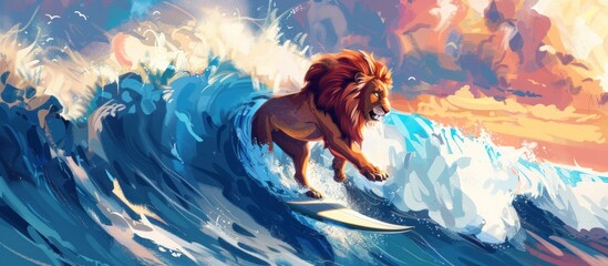 An attractive poster with an illustration of a cartoon lion character ruling the waves, conveying the impression of adventure and courage in the vast ocean.