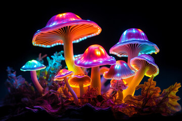 Colorful generative ai collage of bright glossy mushrooms in night magical woods