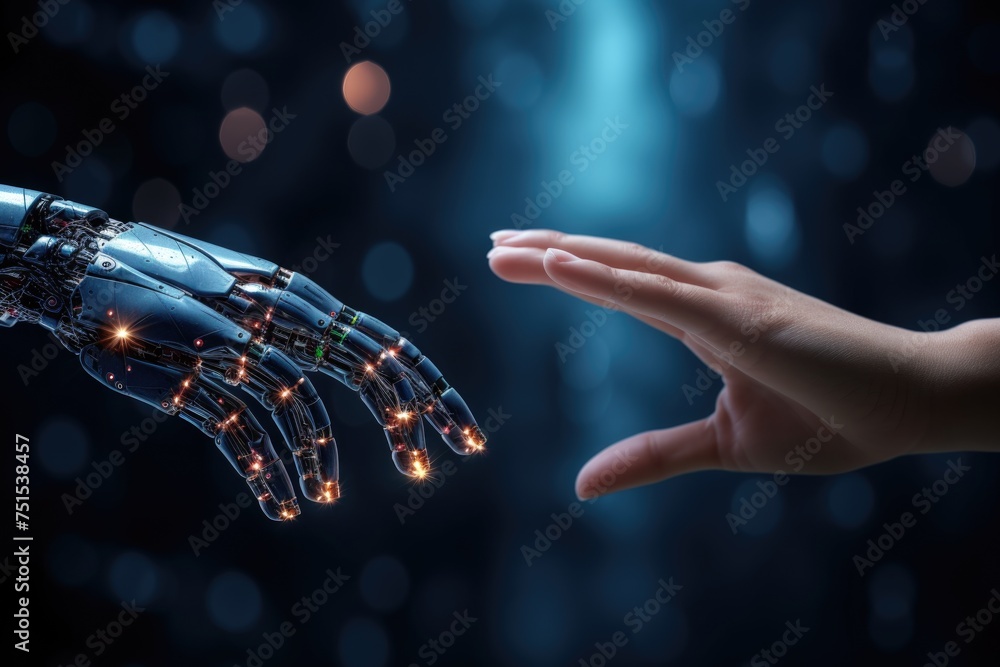 Aufkleber hands of human and artificial intelligence technology touching for big data network exchange.
