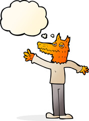 cartoon waving fox with thought bubble