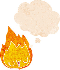 cartoon flame with face and thought bubble in retro textured style