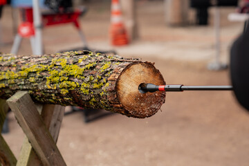 Large industrial wood drill going in to a lumber for making large hole