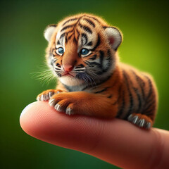 Cuteness. Tiny tiger cub sits on human finger. Background in blur from animal's natural habitat