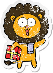 distressed sticker of a happy cartoon lion