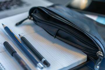 A close-up shot of a pencil case open beside a neatly organized notepad, showcasing the minimalist tools used for taking notes during an online lesson, minimalistic style,