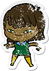 distressed sticker of a cartoon pointing woman