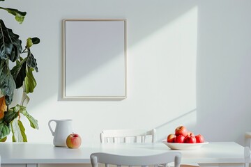 Modern dining room with white furniture and fresh apples on the table, blank frame for mockup
