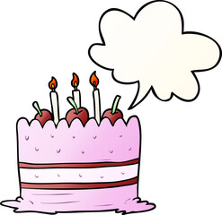 cartoon birthday cake and speech bubble in smooth gradient style