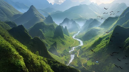 Zelfklevend Fotobehang Nature's symphony unfolds with streams gracefully meandering through mountainous terrain, embracing villages, while elegant birds perform their aerial ballet. © The Image Studio
