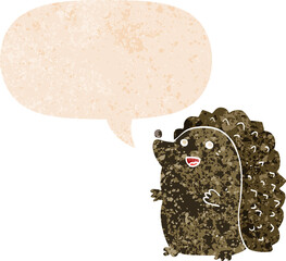 cartoon happy hedgehog and speech bubble in retro textured style