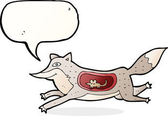 cartoon wolf with mouse in belly with speech bubble