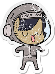distressed sticker of a cartoon astronaut woman