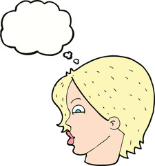 cartoon female face with thought bubble