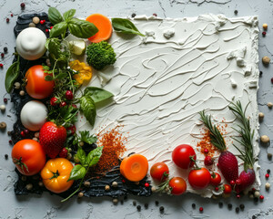 A white background with a variety of vegetables and fruits, including tomatoes