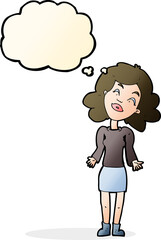cartoon woman shrugging shoulders with thought bubble