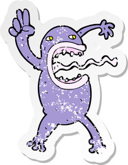 retro distressed sticker of a cartoon crazy frog