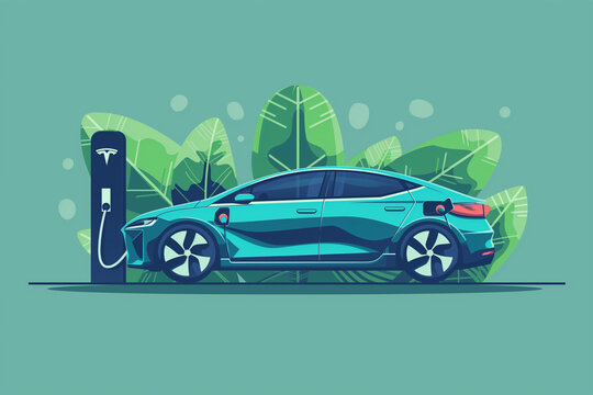Flat vector design of electric car concept, car, electric charging station, leaves, modern design, solid color, vector graphics
