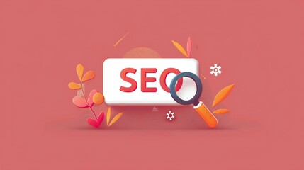 A red background with a white sign that says SEO. The sign is surrounded by a magnifying glass and leaves