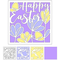 Happy Easter card with flowers svg, Easter shadow box, svg paper cut and laser cut template, Layered decor