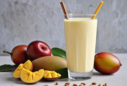 Mango lassi, traditional indian drink made of yogurt , mango, milk and honey