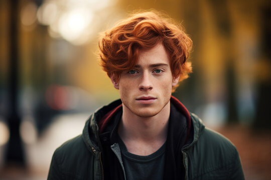 AI generated portrait of a handsome male red haired boy student walking in city during fall season outside