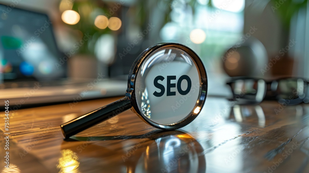 Poster a magnifying glass is on a table with the word seo written on it. concept of searching for something