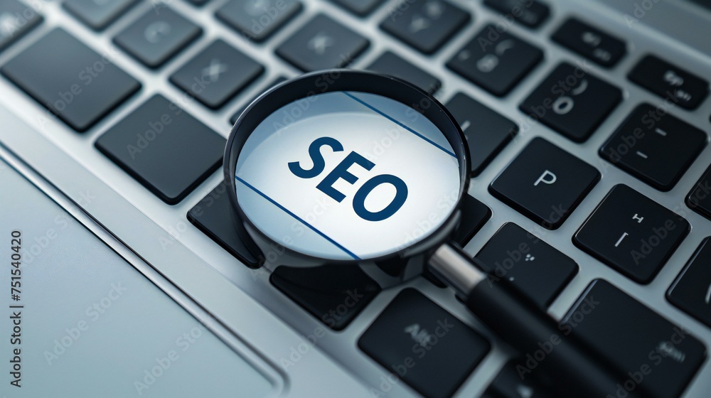 Poster a magnifying glass is on a keyboard with the word seo written on it. concept of searching for someth