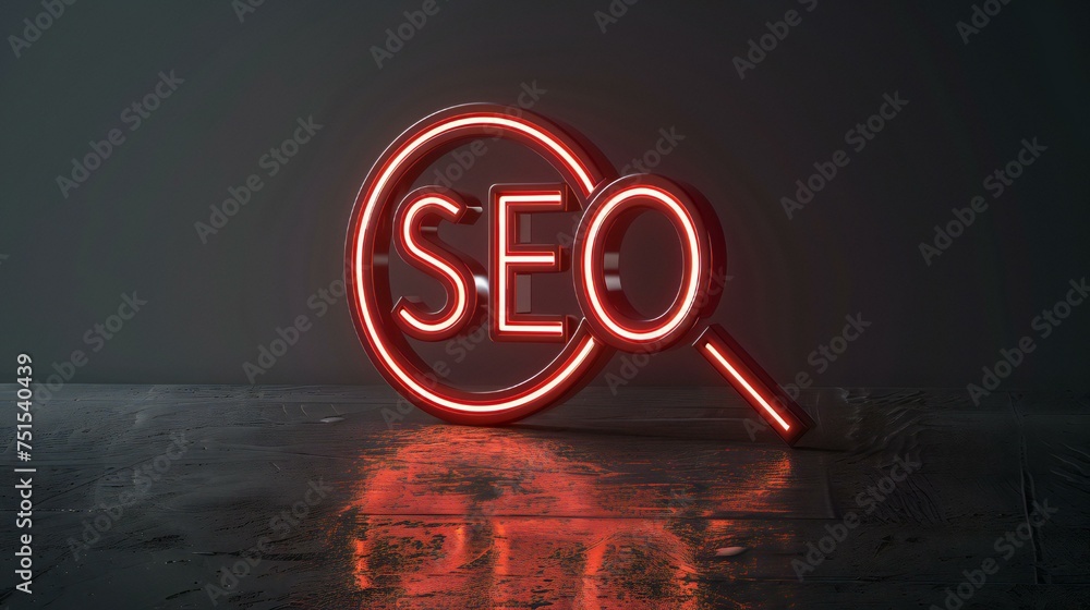 Poster a red glowing sign with a magnifying glass on it that says seo. the image has a mysterious and intri