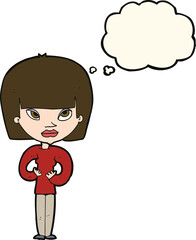 cartoon woman gesturing at herself with thought bubble