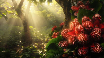 Red flower in the forest at sunset. Nature background and wallpaper.