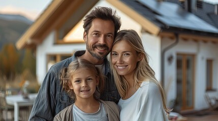 Happy young modern family, mother father and child standing in front of their modern white single-family house with photovoltaics on the roof. Generative AI.