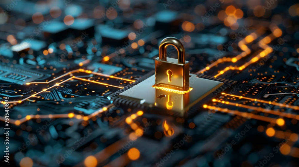 Aufkleber a computer chip with a golden lock on it. the lock is surrounded by a blue background. concept of se