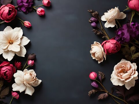 Flowers composition. Frame made of beautiful flowers on dark background. Flat lay, top view, copy space