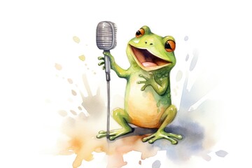 cartoon watercolor frog character with microphone on white background