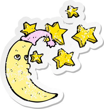 retro distressed sticker of a sleepy moon cartoon