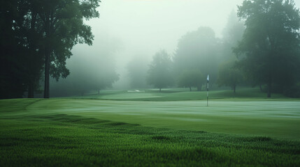 A golf course emerges from the mist, with a flagpole standing out on the smooth, dewy green surrounded by trees in a tranquil early morning setting. - obrazy, fototapety, plakaty