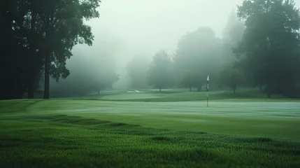 Foto op Canvas A golf course emerges from the mist, with a flagpole standing out on the smooth, dewy green surrounded by trees in a tranquil early morning setting. © NaphakStudio