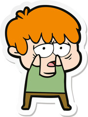 sticker of a cartoon exhausted boy