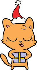 cute line drawing of a cat wearing santa hat