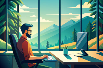 Everyday life in the office: working at the computer with a view of the picturesque landscape