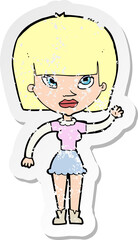 retro distressed sticker of a cartoon woman waving