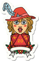 human bard character with natural 20 dice roll sticker