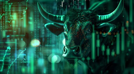 A close up of a bull's head in front of a stock chart. Bull market, financial and business concept