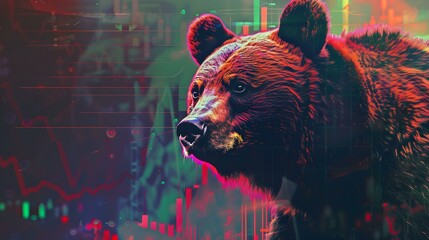 Bear in front of a stock chart. Bear market, financial and business concept