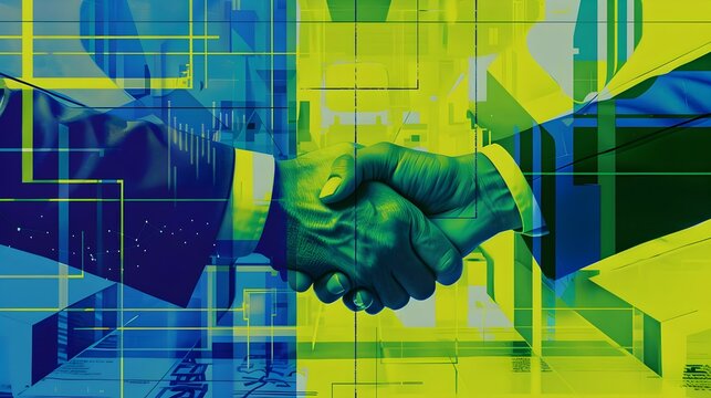 Semi-realistic Business Hand Shake In Front Of a Blue And Green Background