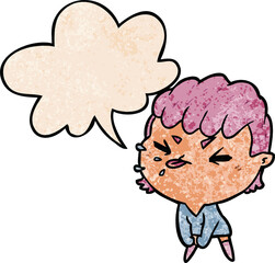 cute cartoon rude girl and speech bubble in retro texture style
