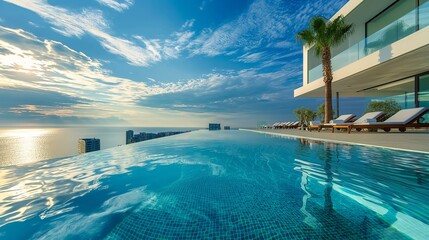 Panoramic perfection captured in a high-definition image of a lavish pool, where infinity edges...