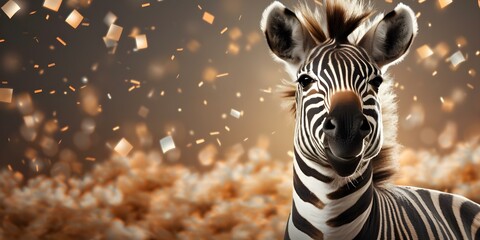 Adorable zebra joyfully embracing festivities with bokeh lights and confetti celebration. Concept Festive Zebra, Bokeh Lights, Confetti Celebration
