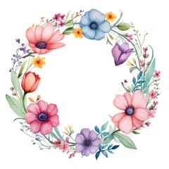 Fototapeta premium Circle frame of watercolor flowers and leaves on white background.