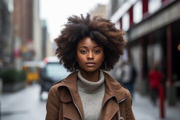 Fototapeta premium Generated with AI portrait of an middle aged afro woman in the city